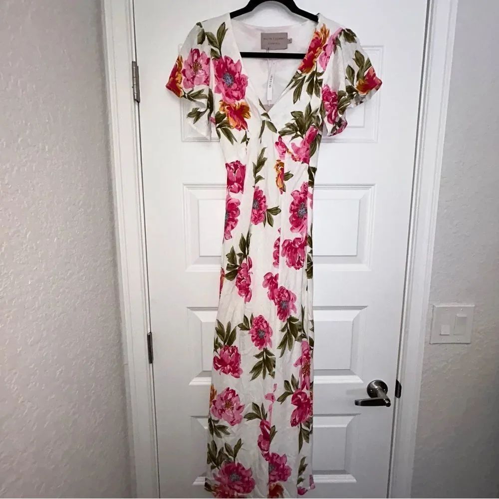 New, White Closet Elements Floral Print Flutter Short Sleeve Linen Blend Dress